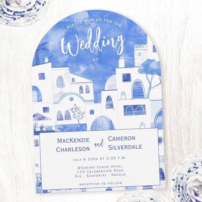 Invitación Boda de acuarela de Santorini (Santorini watercolor art arched wedding invitation)