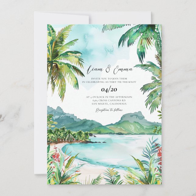 Invitación Boda de acuarela de Seychelles (Anverso)