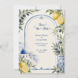Invitación Boda de acuarela de teja azul costera de Santorini