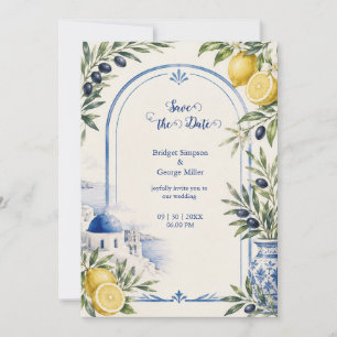 Invitación Boda de acuarela de teja azul costera de Santorini