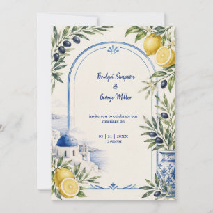 Invitación Boda de acuarela de teja azul costera de Santorini
