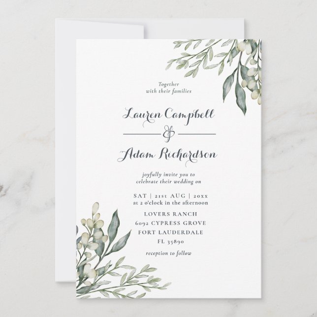 Invitación Boda de acuarela de vegetación rústica todo en uno (Anverso)