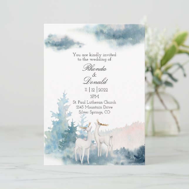 Invitación Boda de acuarela de venados y árboles de invierno (Anverso de pie)