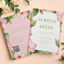 Boda de Acuarela de Verano Rosa Verde Floral QRcod
