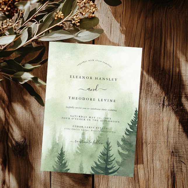 Invitación Boda de acuarela del bosque de pinos rústicos (Subido por el creador)