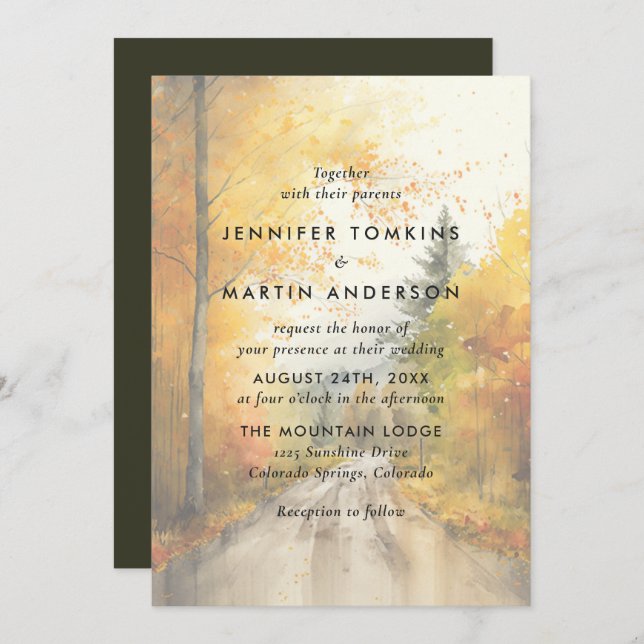 Invitación Boda de acuarela del bosque otoñal (Anverso / Reverso)