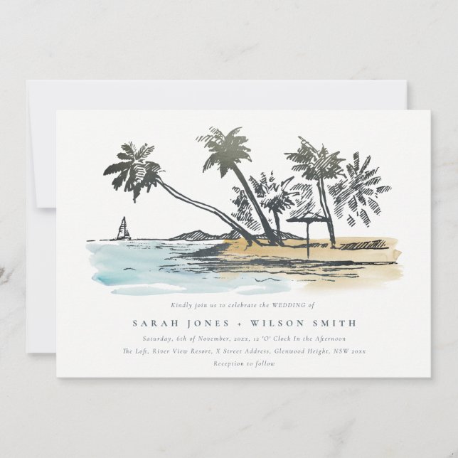 Invitación Boda de acuarela del bosquejo de palmeras de playa (Anverso)