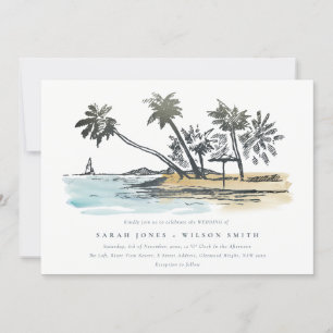 Invitación Boda de acuarela del bosquejo de palmeras de playa