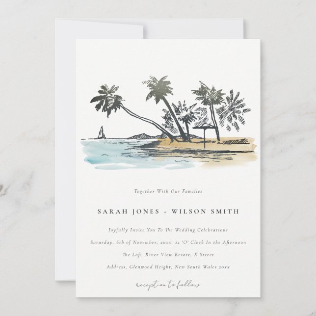 Invitación Boda de acuarela del bosquejo de palmeras de playa (Anverso)