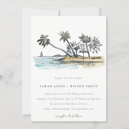 Invitación Boda de acuarela del bosquejo de palmeras de playa