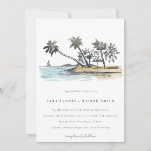 Invitación Boda de acuarela del bosquejo de palmeras de playa