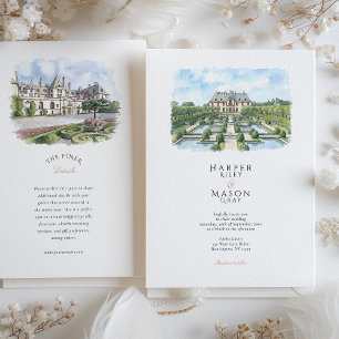 Invitación Boda de acuarela del castillo Oheka Nueva York