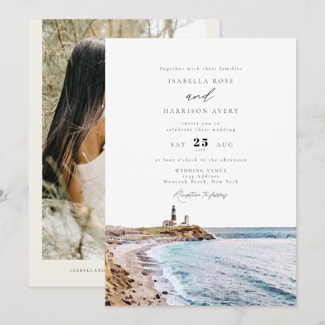 Invitación BODA de acuarela del faro de MONTAUK en Nueva York (Anverso / Reverso)