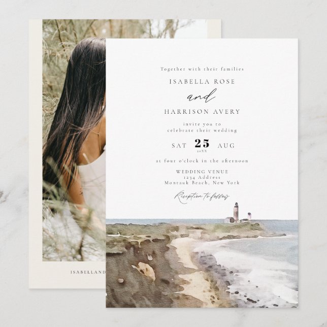 Invitación BODA de acuarela del faro de MONTAUK en Nueva York (Anverso / Reverso)