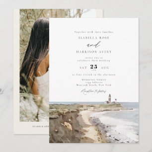 Invitación BODA de acuarela del faro de MONTAUK en Nueva York