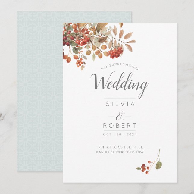 Invitación Boda de acuarela del follaje de otoño rústico (Anverso / Reverso)