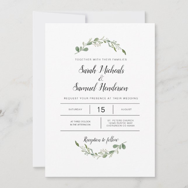 Invitación Boda de acuarela del jardín verde profundo (Anverso)