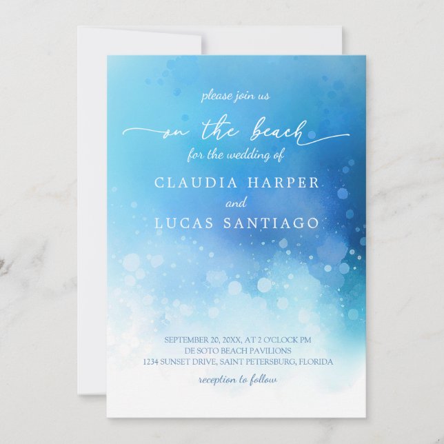 Invitación Boda de acuarela del océano azul (Anverso)