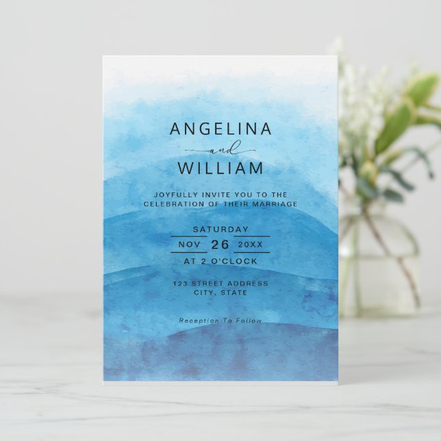 Invitación Boda de acuarela del océano azul de verano (Anverso de pie)