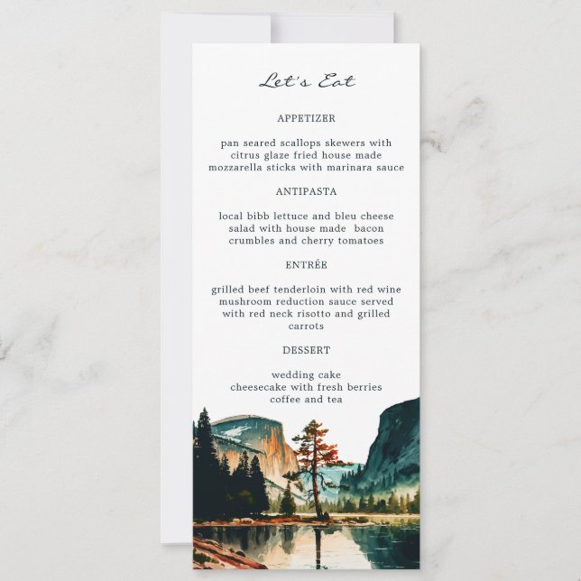 Invitación Boda de acuarela del Parque Nacional Yosemite Menú (Anverso)