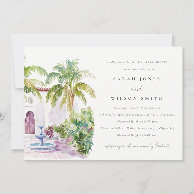 Invitación Boda de acuarela del patio tropical marroquí (Anverso)