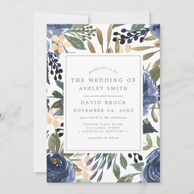 Invitación Boda de acuarela del patrón floral azul de la mari (Anverso)