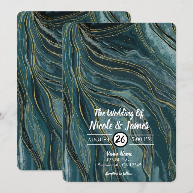Invitación Boda de acuarela del resumen de oro azul verde azu (Anverso / Reverso)