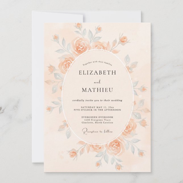 Invitación Boda de Acuarela Delicada de Melocotón (Anverso)