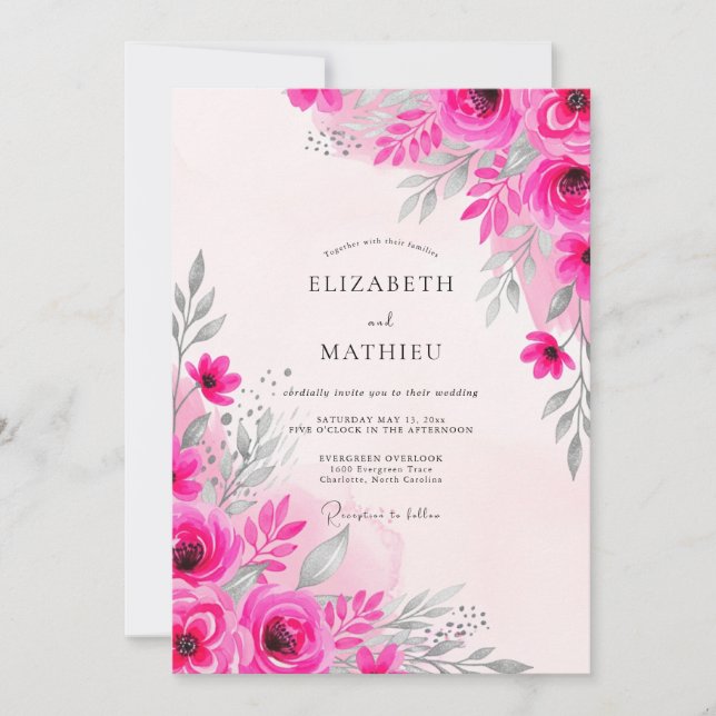 Invitación Boda de acuarela delicada fucsia (Anverso)