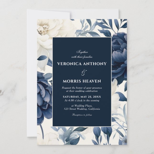 Invitación Boda de acuarela dorada azul marino y floral blanc (Anverso)