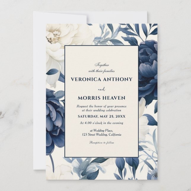 Invitación Boda de acuarela dorada azul marino y floral blanc (Anverso)
