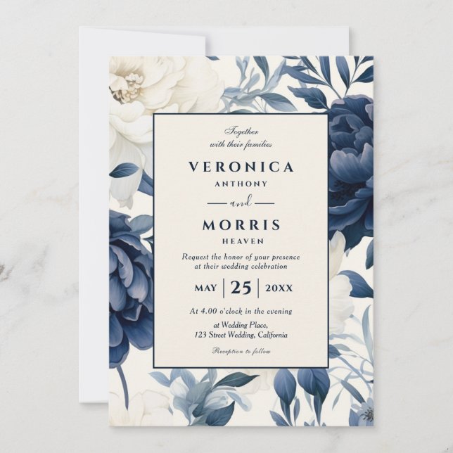 Invitación Boda de acuarela dorada azul marino y floral blanc (Anverso)