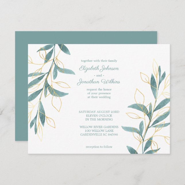 Invitación Boda de acuarela dorada de color verde (Anverso / Reverso)