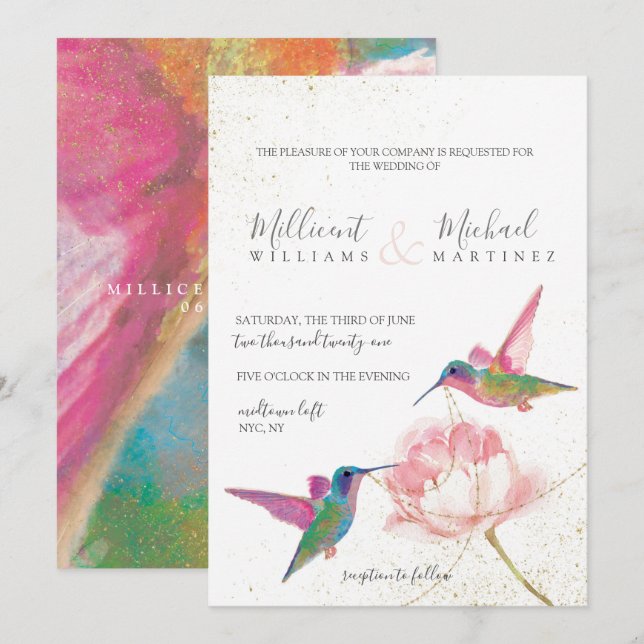 Invitación Boda de acuarela dorada de Hummingbirds (Anverso / Reverso)