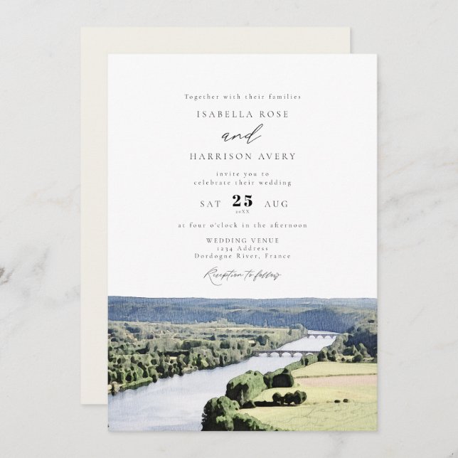 Invitación Boda de acuarela Dordogne River South France (Anverso / Reverso)
