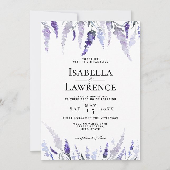 Invitación Boda de acuarela Dusty Purple Floral Lavender (Anverso)