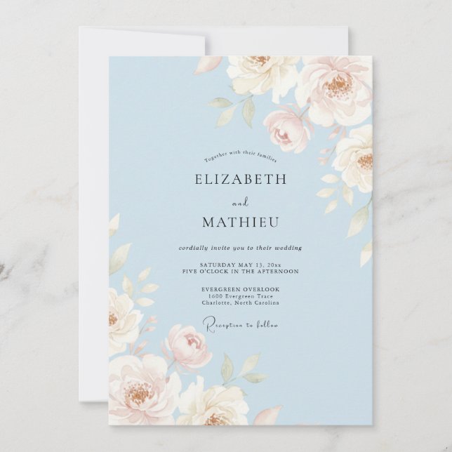 Invitación Boda de acuarela elegante azul cielo (Anverso)