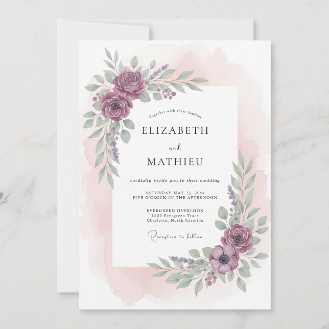 Invitación Boda de Acuarela Elegante con Ciruela (Anverso)