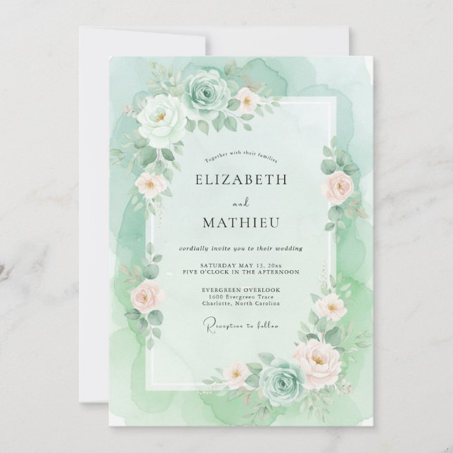 Invitación Boda de Acuarela Elegante con Menta (Anverso)