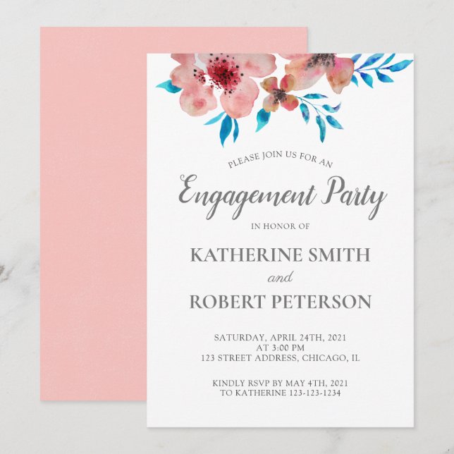 Invitación Boda de acuarela elegante de flores rosadas (Anverso / Reverso)