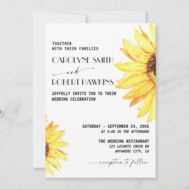 Invitación Boda de acuarela elegante de girasol rústico (Anverso)