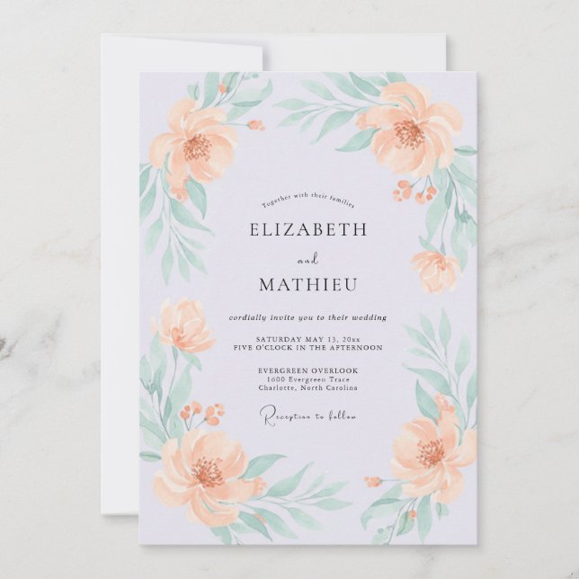 Invitación Boda de Acuarela Elegante de Melocotón (Anverso)