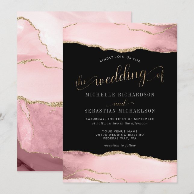 Invitación Boda de acuarela elegante de Rubor Pink Gold Agate (Anverso / Reverso)