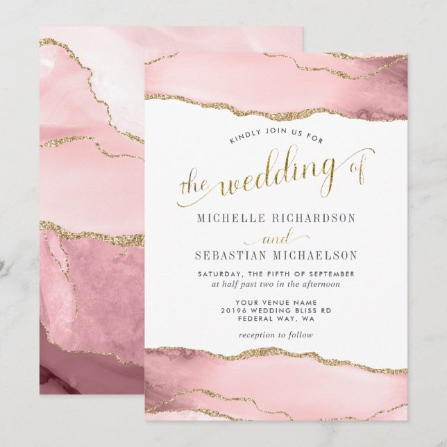 Invitación Boda de acuarela elegante de Rubor Pink Gold Agate (Anverso / Reverso)