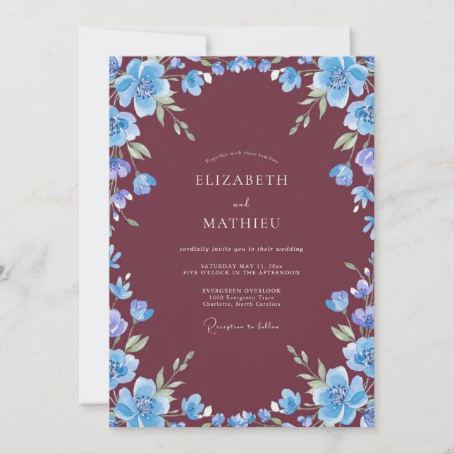 Invitación Boda de Acuarela en Burgundy Intenso (Anverso)