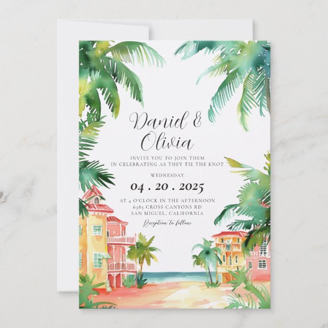 Invitación Boda de Acuarela en Key West FL (Anverso)