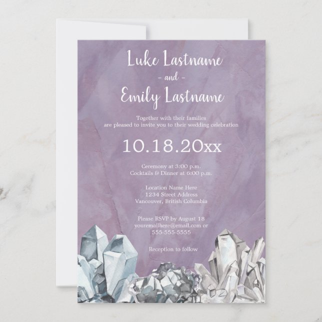Invitación Boda de acuarela en púrpura con geodas y piedras p (Anverso)