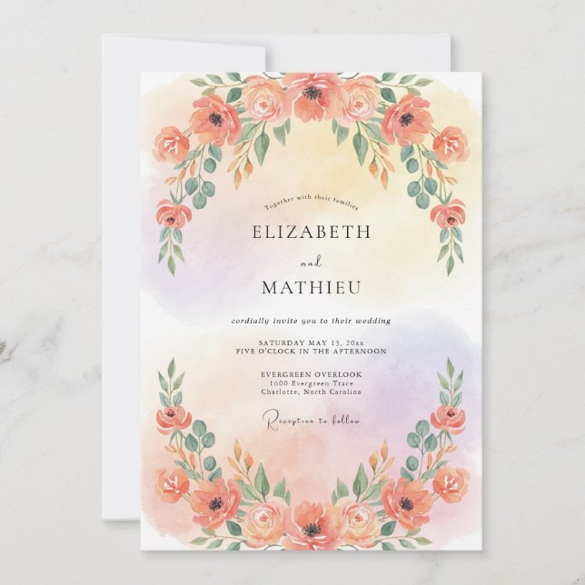Invitación Boda de acuarela encantada de melocotón (Anverso)