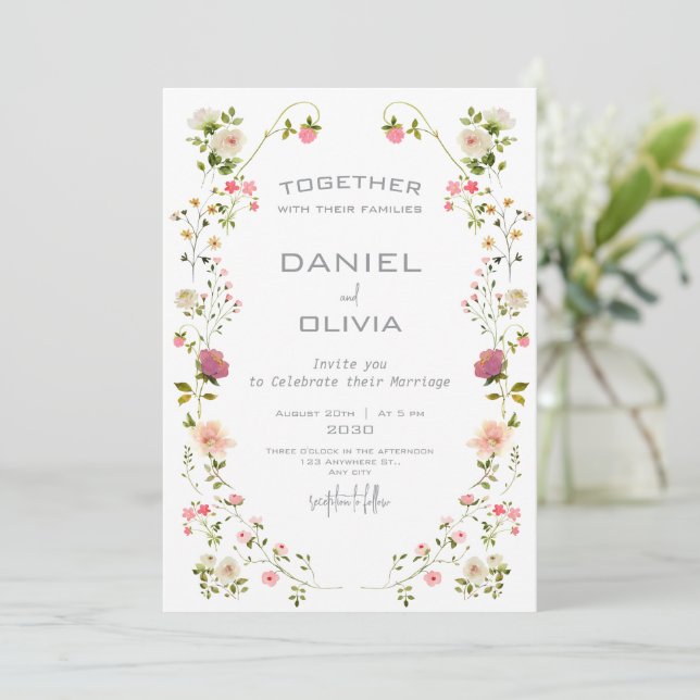 Invitación Boda de acuarela estética floral rosada beige (Anverso de pie)