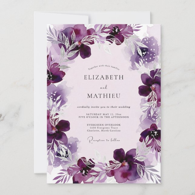 Invitación Boda de acuarela etérea de ciruela (Anverso)